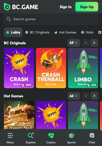 Lobby of BC.Game casino
